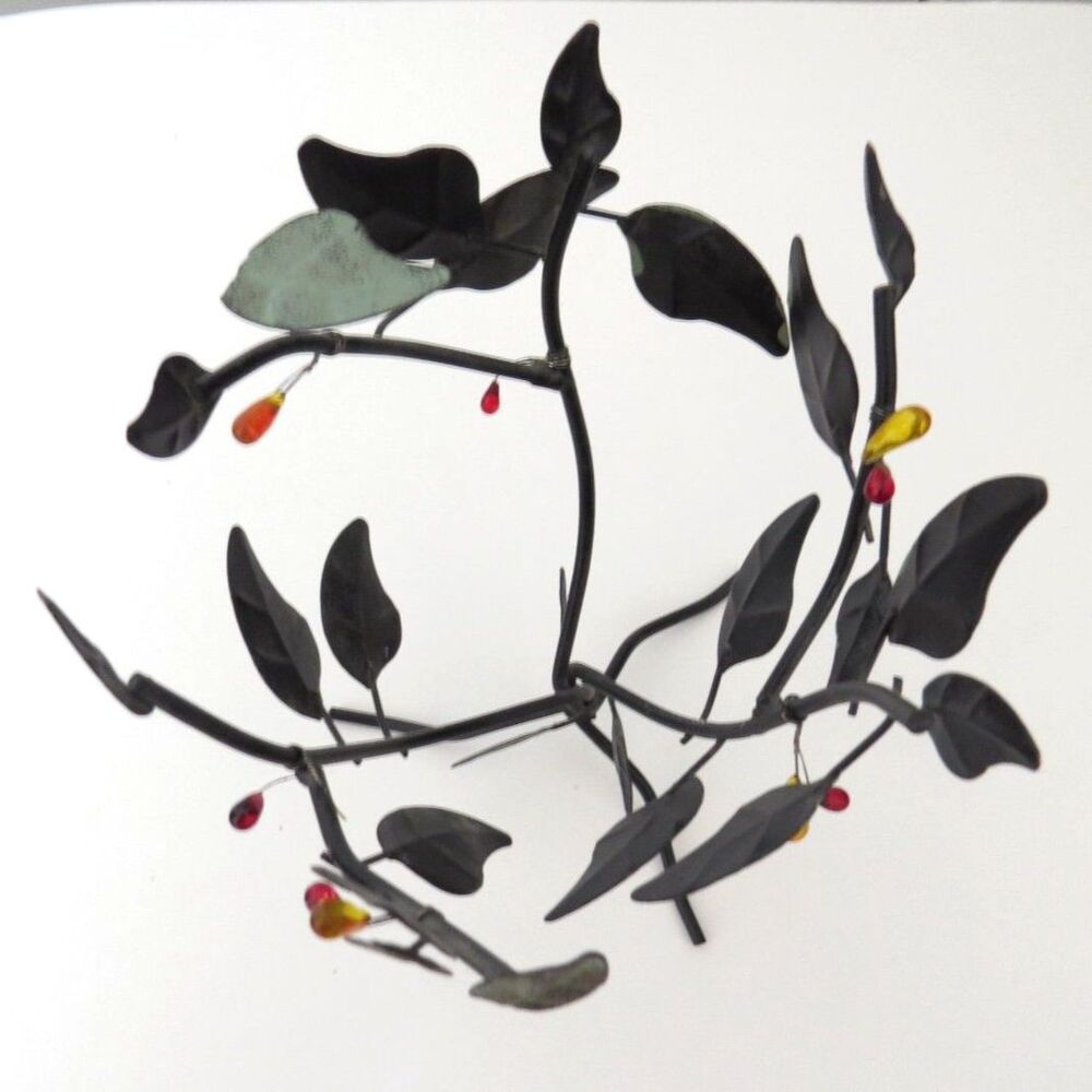 Vintage 1990's Wrought Iron Tree Branch Pillar Candle Holder Glass Berries - EUC - Picture 4 of 6